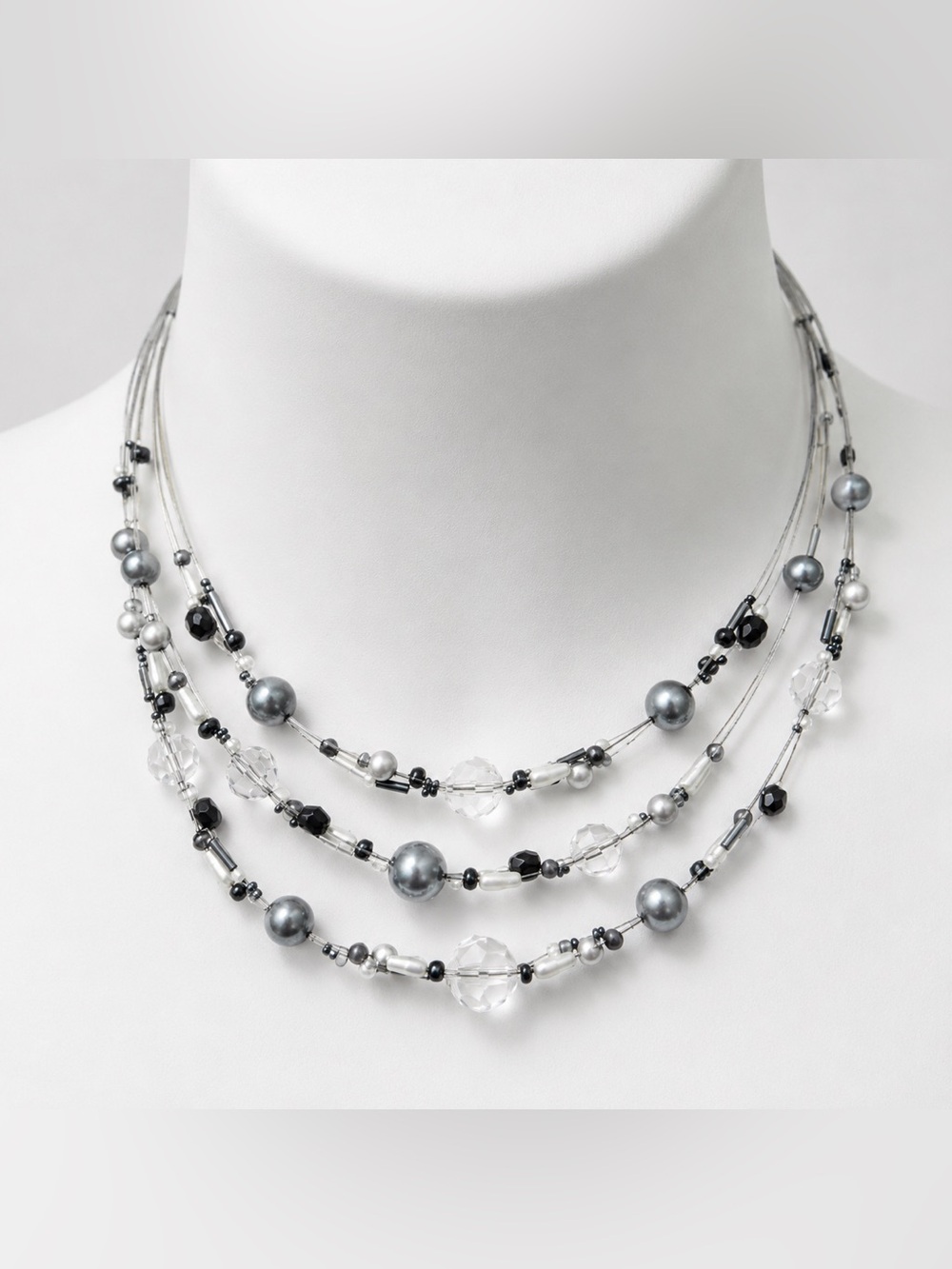 Multi Strand Silver Gray Beaded Statement Necklace